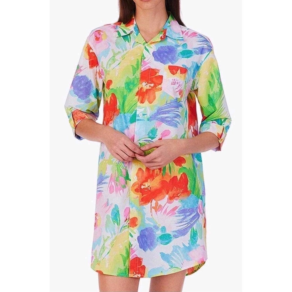 Lauren Ralph Lauren Floral Print 3/4 Roll-Tab Sleeve Long Shirt Dress Large